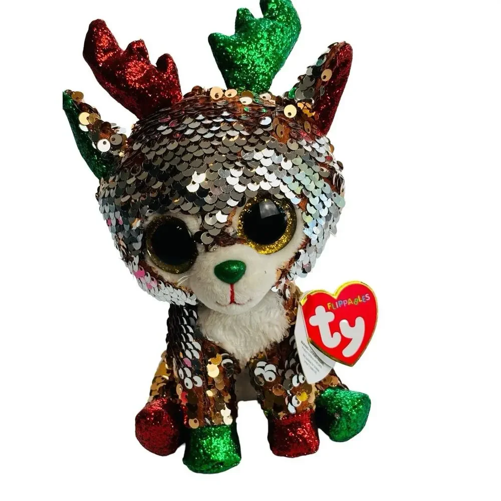 TY Christmas Flippables Sequin TEGAN Reindeer Beanie Baby Plush NEW